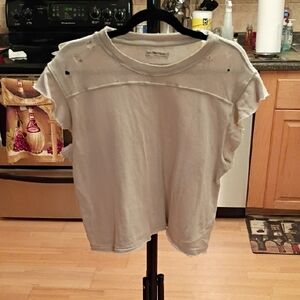We The Free Free People Top Distressed Off-White Short Sleeve Tee